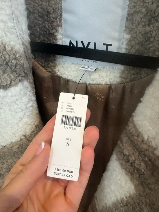 NVLT Plaid Long Trench Coat in White & Taupe - Picture 2 of 4